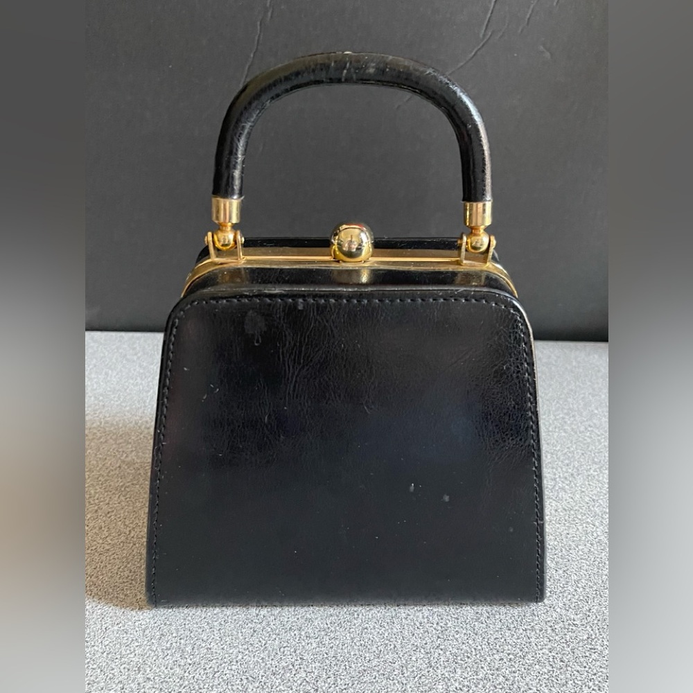 Vintage Heys Black Leather Metal Frame Small Handbag